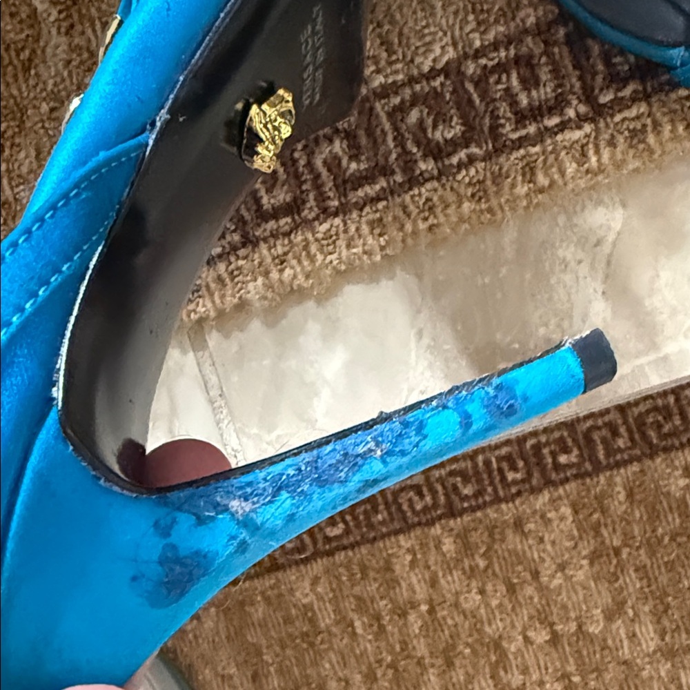Versace Bright Turquoise Satin Slingback Heels with Gold Medusa - Picture 5 of 16